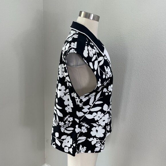 Kinona Womens XL Sleeveless Floral Polo Top Black White Golf Shirt Stretch - Picture 8 of 8